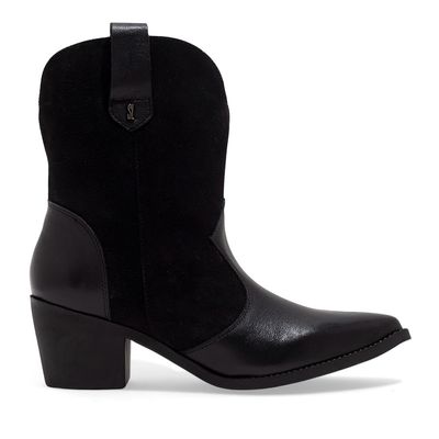 Bota Western Couro Camurça Preto Bico Fino Salto Grosso