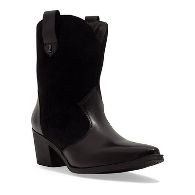 Bota Western Couro Camurça Preto Bico Fino Salto Grosso