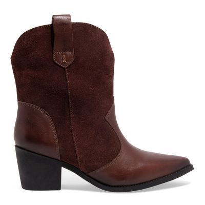 Bota Western Couro Camurça Marrom Bico Fino Salto Grosso