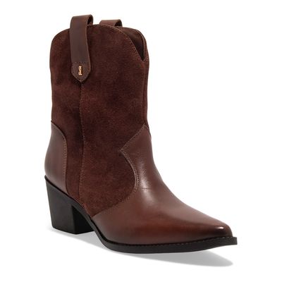 Bota Western Couro Camurça Marrom Bico Fino Salto Grosso