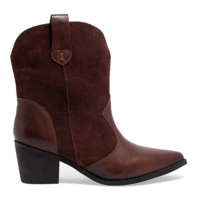 Bota Western Couro Camurça Marrom Bico Fino Salto Grosso