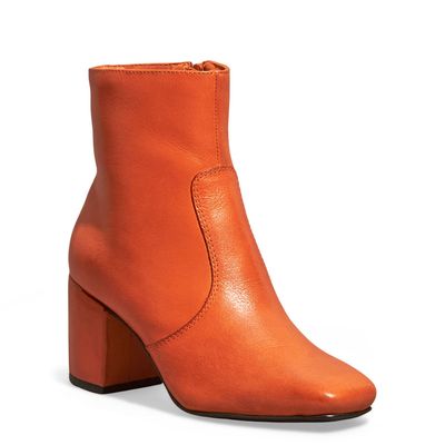 Bota Couro Confort Caramelo Bico Quadrado Salto Bloco