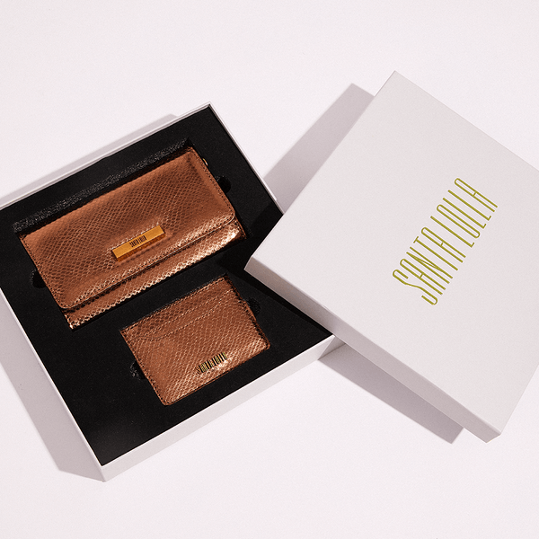 Kit Bolsa Carteira E Porta Cartão Cobra Metalizado Bronze