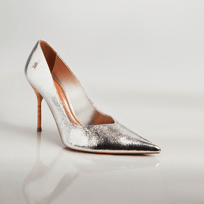 Scarpin Couro Craquele Salto Fino Alto Prata