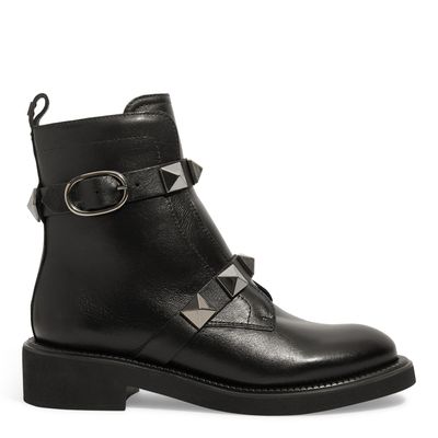 Bota Coturno Couro Preta Tira Spike