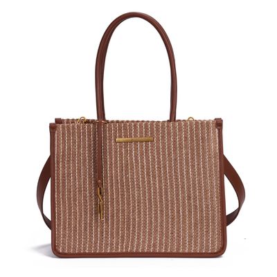 Bolsa Tote Palha Tramado Marrom Safari Alça De Mão