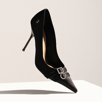 Scarpin Cetim Preto Salto Alto Agulha