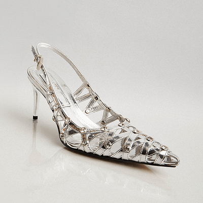 Scarpin Slingback Specchio Prata Bico Fino Strass Cristal