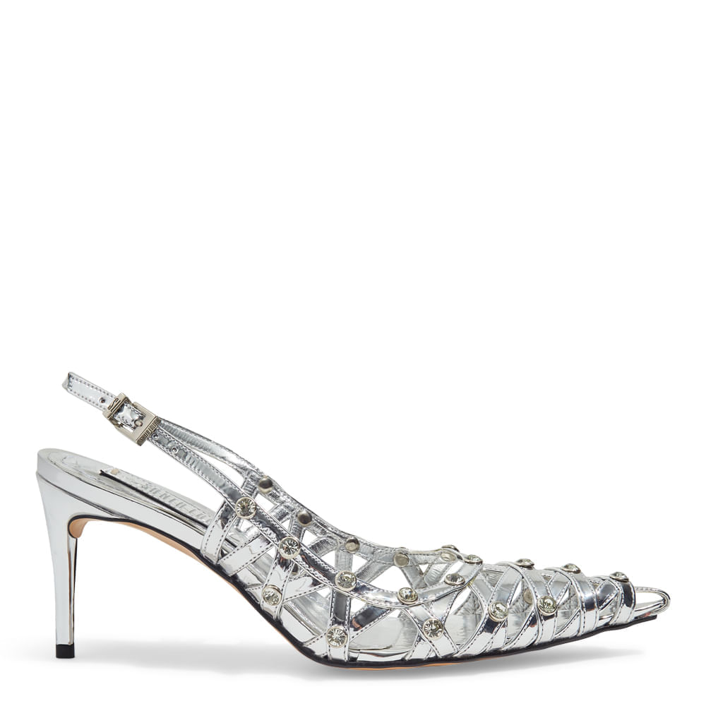 安いそれに目立つ Scarpin Cristal Strass Fino Bico Prata Specchio Slingback ワンピース カードゲーム