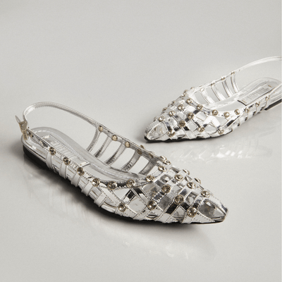 Sapatilha Slingback Specchio Prata Bico Fino Strass Cristal