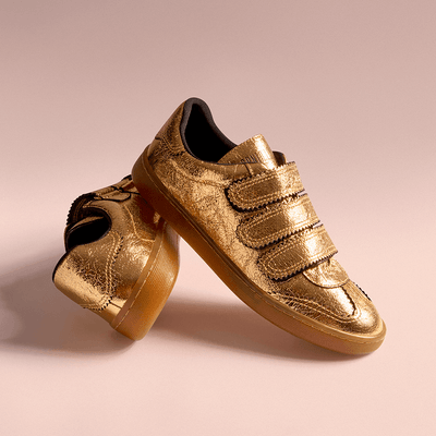 Tênis Velcro Couro Craquele Metalizado Dourado