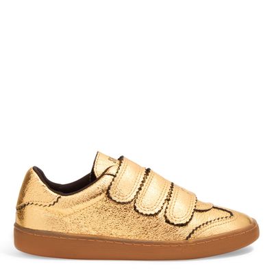 Tênis Velcro Couro Craquele Metalizado Dourado