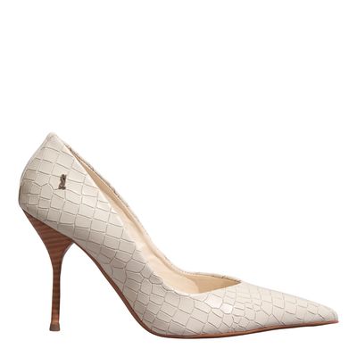 Scarpin Croco Off White Bico Fino Salto Agulha