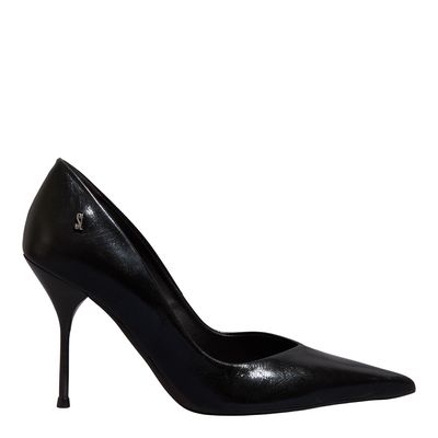 Scarpin Couro Preto Bico Fino Salto Agulha