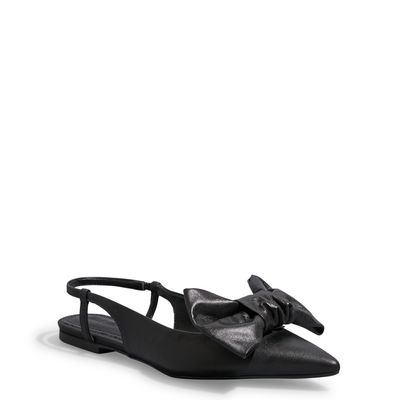 Sapatilha Slingback Couro Confort Preta Laço Bico Fico