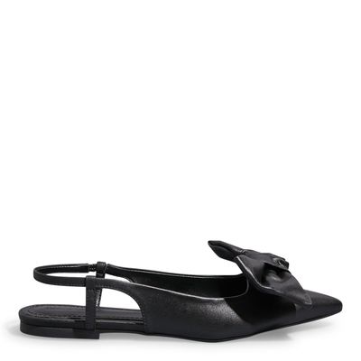 Sapatilha Slingback Couro Confort Preta Laço Bico Fico