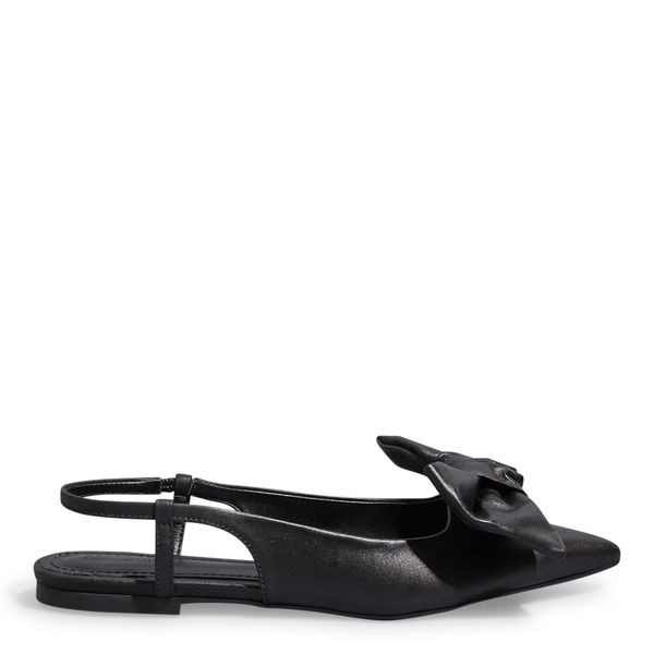 Sapatilha Slingback Couro Confort Preta Laço Bico Fico