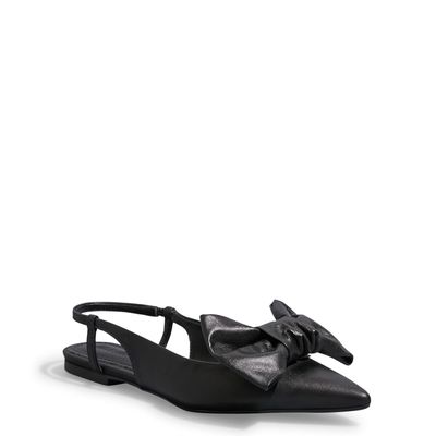 Sapatilha Slingback Couro Confort Preta Laço Bico Fico
