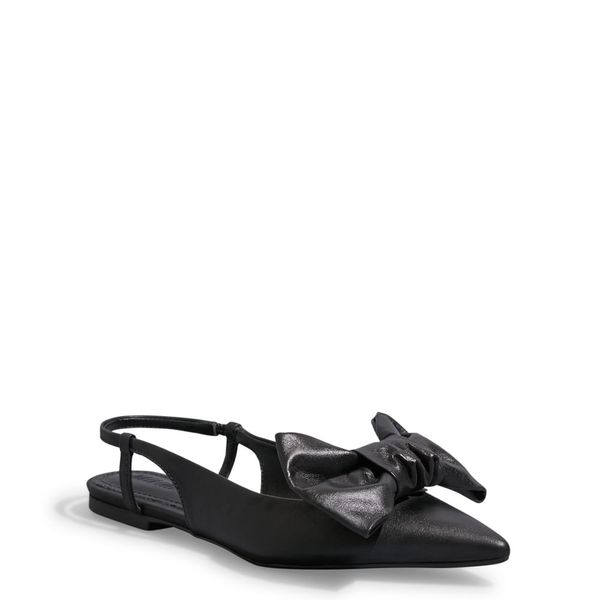 Sapatilha Slingback Couro Confort Preta Laço Bico Fico