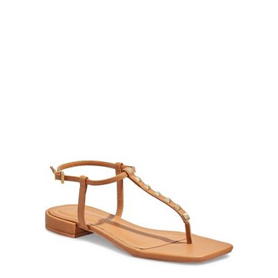 Rasteira Napa Soft Tachas Spikes Bege Bico Quadrado