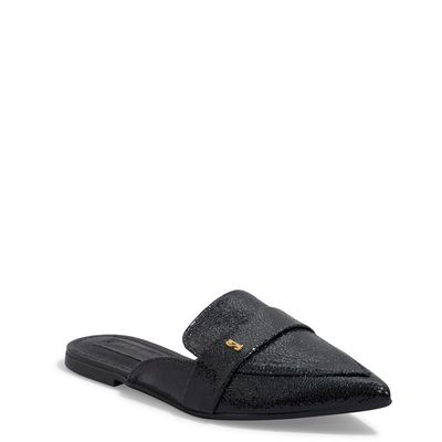 Mule Mocassim Metalizado Glow Preto Bico Fico