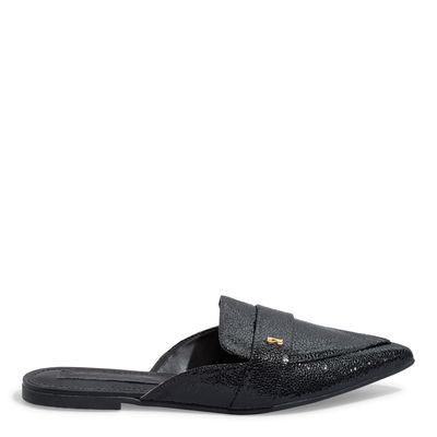 Mule Mocassim Metalizado Glow Preto Bico Fico