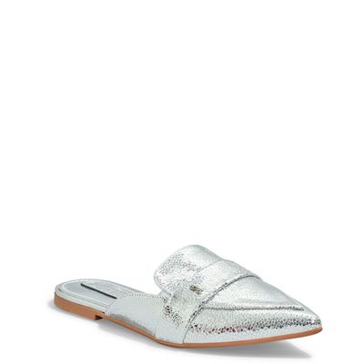 Mule Mocassim Metalizado Glow Prata Bico Fino