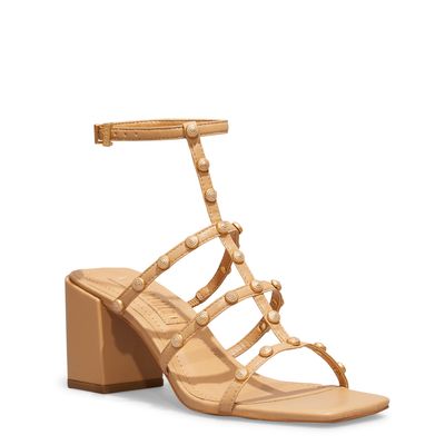 Sandália Napa Soft Bege Tiras Tachas Salto Grosso Baixo