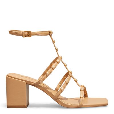 Sandália Napa Soft Bege Tiras Tachas Salto Grosso Baixo