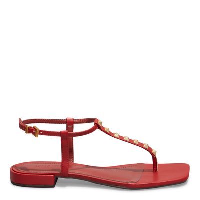 Rasteira Napa Soft Tachas Spikes Vermelho Bico Quadrado