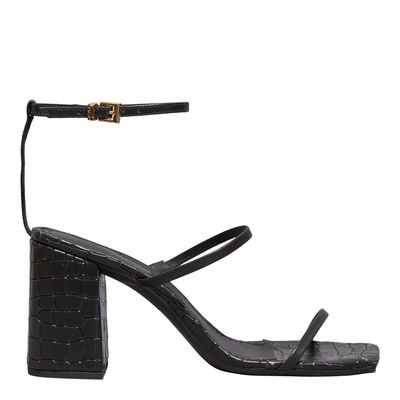 Sandália Couro Croco Soft Preto Salto Alto Grosso