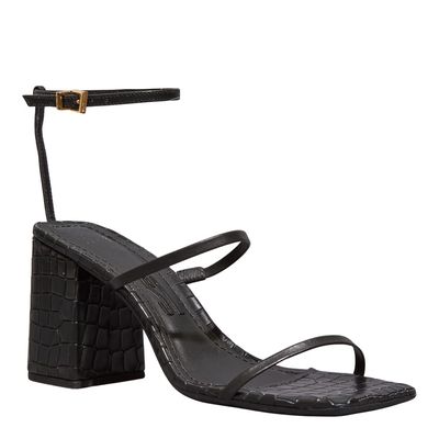 Sandália Couro Croco Soft Preto Salto Alto Grosso