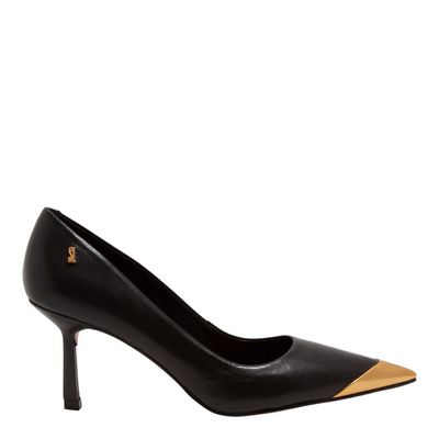 Scarpin Couro Pelica Preto Bico Fino Metalizado