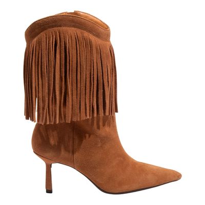 Bota Couro Camurça Cano Médio Franjas Caramelo
