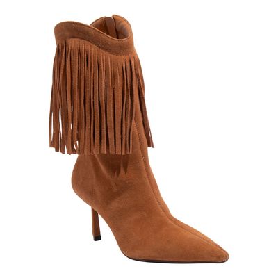 Bota Couro Camurça Cano Médio Franjas Caramelo