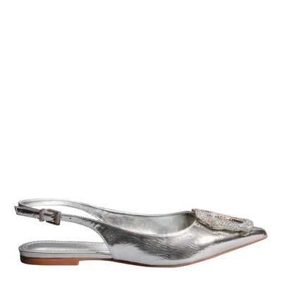 Sapatilha Slingback Metalizada Reflexo Bico Fino Prata