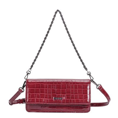 Bolsa Pequena Retangular Material Croco Vermelha Alça Dupla