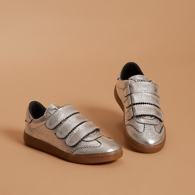 Tênis Velcro Couro Craquele Metalizado Prata