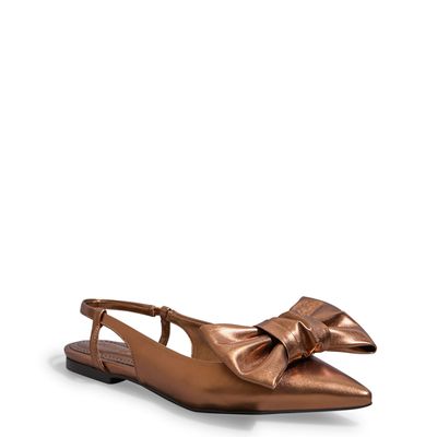 Sapatilha Slingback Metalizada Bronze Laço Bico Fico
