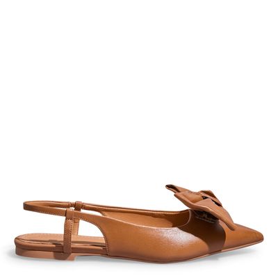 Sapatilha Slingback Couro Confort Marrom Laço Bico Fico