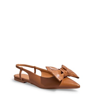 Sapatilha Slingback Couro Confort Marrom Laço Bico Fico