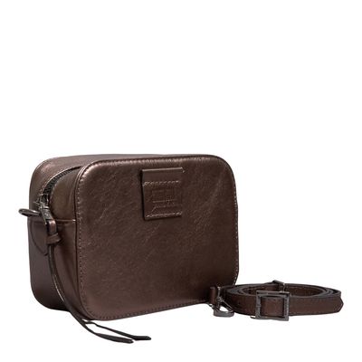 Bolsa Pequena Couro Metalizado Cinza Grafite Alça Transversal