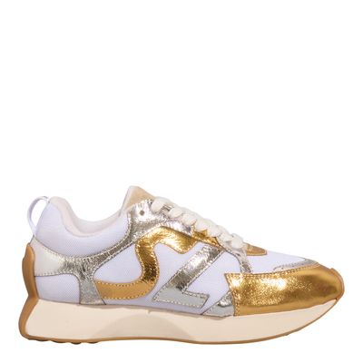 Tênis Couro Metalizado Branco E Dourado