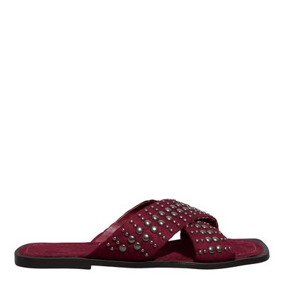 Rasteira Bico Quadrado Camurça Vermelho Tachas