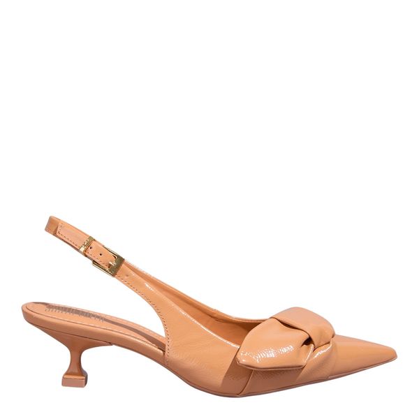 Scarpin Bico Fino Couro Verniz Bege Salto Baixo