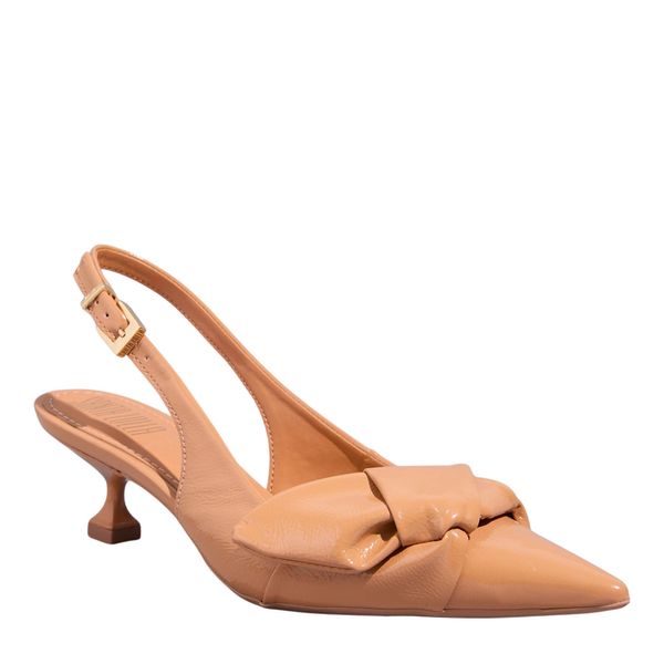 Scarpin Bico Fino Couro Verniz Bege Salto Baixo