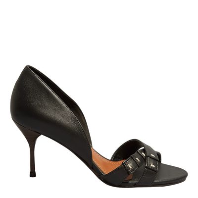 Peep Toe Couro Preto Salto Médio Agulha