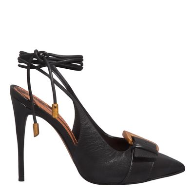 Scarpin Amarração Couro Pelica Soft Bico Fino Preto