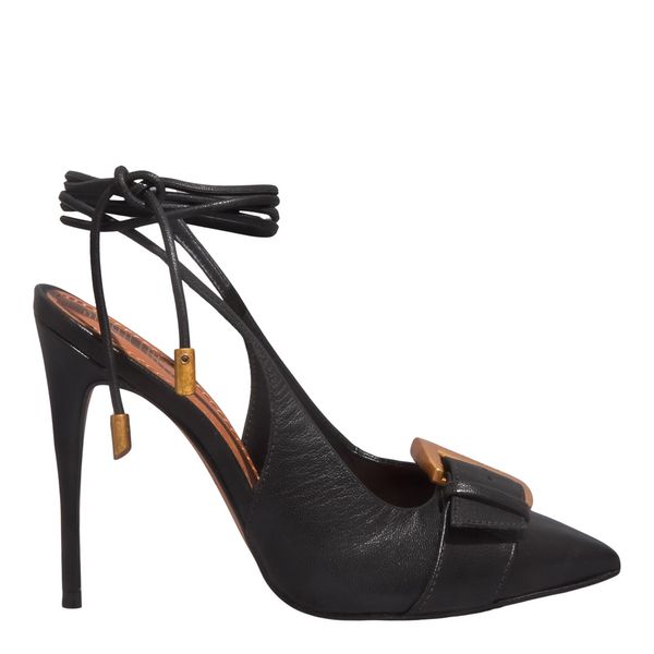 Scarpin Amarração Couro Pelica Soft Bico Fino Preto