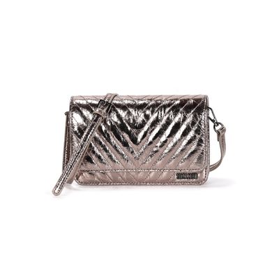 Bolsa Metalizada Crinkle Cinza Grafite Alça Transversal